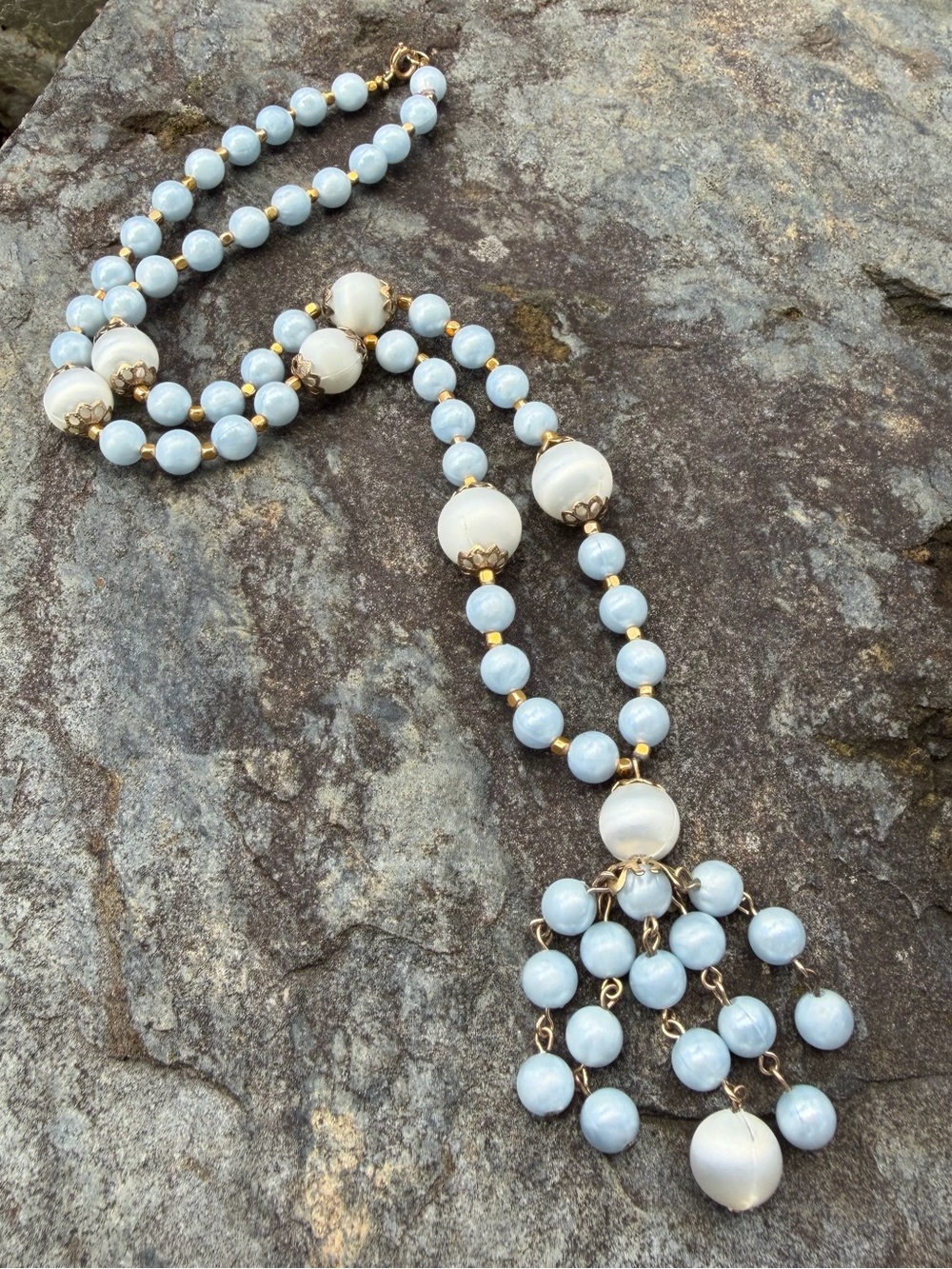 Vintage Blue White Faux Pearl Beaded Fringe Pendant Necklace